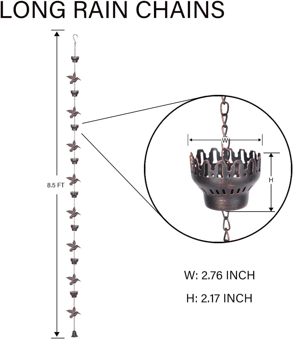 8.5Ft Hummingbird and Cup Rain Chain Outdoor Decorative Rain Gutter Drain Rain Catcher Gutter Chain with Bell