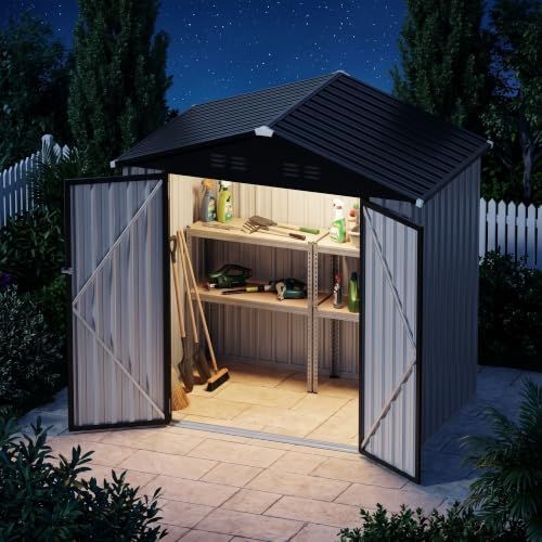 Zamildon's 6x4 FT Outdoor Metal Storage Shed, Weatherproof Galvanized Steel Gable Roof Garden Tool Shed with Lockable Double Doors & LED Light for Backyard Patio Lawn, Gray