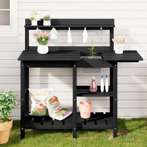 SERWALL Outdoor Potting Bench Set of 2 with Sink,Gardening Table,Black