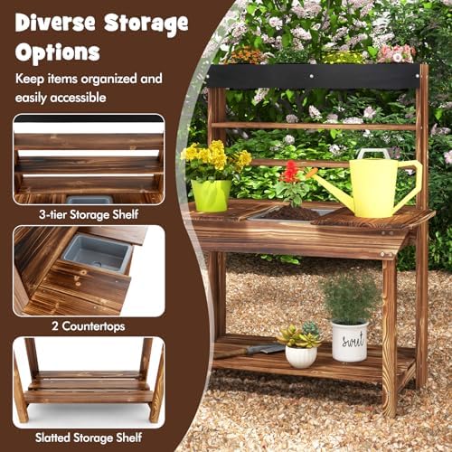 KOTEK Kids Potting Bench, Fir Wood Outdoor Mud Table with 4 Pots, Chalkboard, Removable Sink, Storage Shelves, Mud Kitchen for Kids Outdoor Garden, Gift for Boys Girls 3+