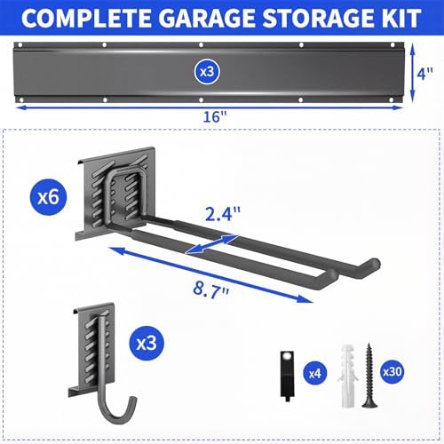 Garage Tool Organizer Wall Mount, 48 Inch Heavy Duty Garden Tool Organizer Storage System, Easy Install with 9 Adjustable Hooks, for Garage, Basement, Shed, Workshop, Black, Steel