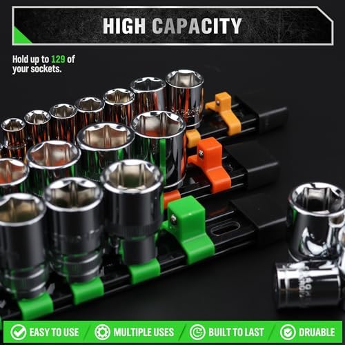 SWANLAKE Organizer Socket Holder, 9PCS 1/4-Inch x 48 Clips, 3/8-Inch x 45 Clips, 1/2-Inch x 36 Clips, Premium Quality Socket Clip Rail Holder