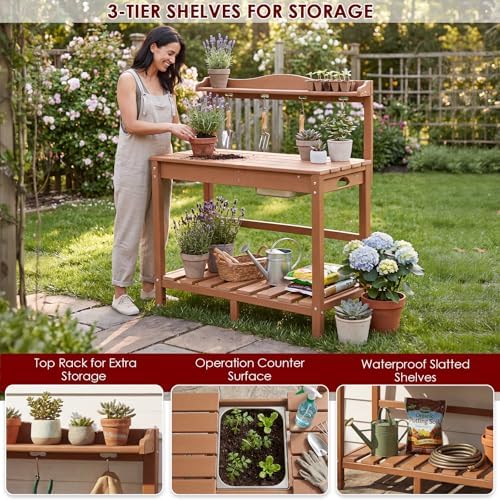 HDPE Outdoor Potting Bench with Sliding Tabletop & Removable Sink
