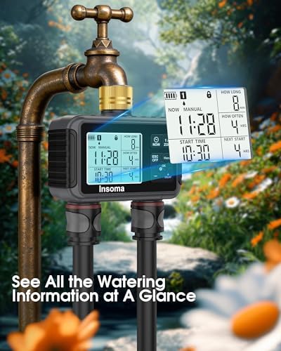 Insoma Water Timer with Brass Inlet, 2 Independent Zones Outdoor Hose Timer for Garden Faucet with Auto/Manual/Rain Delay Mode, Sprinkler Irrigation Controller for Yard Lawn