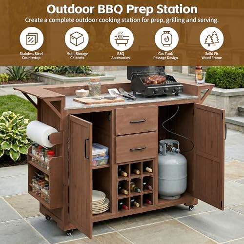 Modern 60.2''W Outdoor Kitchen Island with Wheels,Rolling Patio BBQ Cart with Stainless Steel Top,Wood Grill Cart with Spice Rack&Wine Rack,2 Drawers (Brown-T)