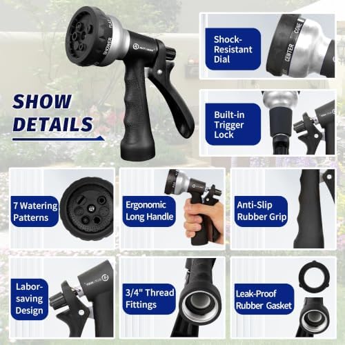 AUTOMAN-Garden-Hose-Nozzle, ABS Water Spray Nozzle, 7 Adjustable Watering Patterns, Slip Resistant for Watering Plants, Lawn& Garden, Washing Cars, Cleaning, Showering Pets & Outdoor Fun.Silver Color