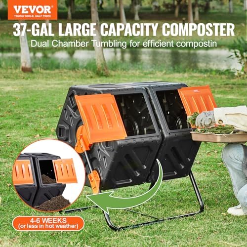 VEVOR Compost Bin, 37-Gal Dual Chamber Composting Tumbler, High Volume Two Rotating Chambers with 2 Sliding Door and Steel Frame, BPA Free Composter Bin Tumbler for Garden, Kitchen, Yard, Outdoor