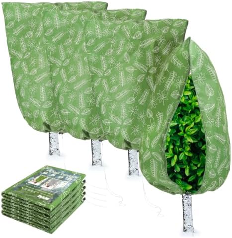 Homimp Plant Covers Freeze Protection,4 PCS Frost Covers with Zipper Drawstring (31.5" x 47.3") Plant Protection Cover Bags for Outdoor Winter Frost Cold Weather Shrubs Trees Jacket Covers,Green Print