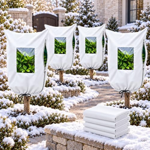 4 Packs Upgrade Winter Plant Covers Freeze Protection, Winter Frost Protection Covers with Viewing Window, Zipper & Drawstring