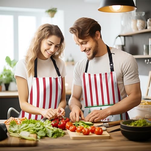Xmas Aprons for Adults Xmas Tree Cooking Apron with Adjustable Neck Strap Red Striped Kitchen Apron with Pockets for Cooking Baking Sewing Crafting Gardening