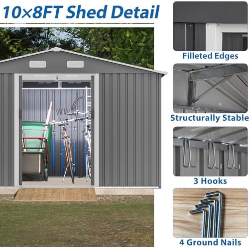 Storage Shed 10x8 FT, Large Metal Tool Shed for Outdoor Storage, Galvanized Steel Garden Shed with Lockable Sliding Doors for Patio, Backyard, Lawn, Grey