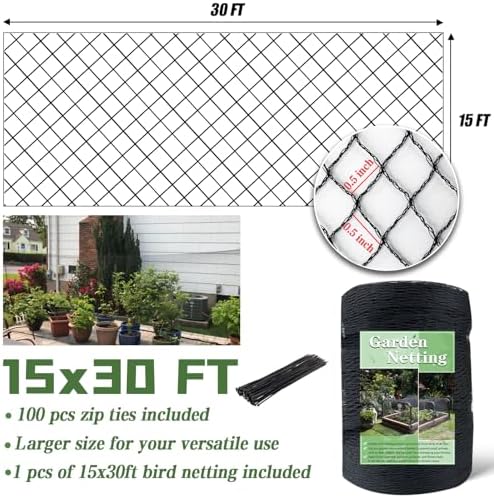 15 x 30 FT Bird Netting, 1/2" Mesh Garden Netting, 50PCS Zip Ties