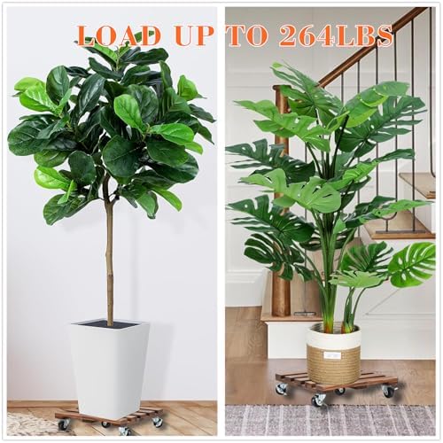2 Pack Plant Stand with Wheels, 12" Rolling Plant Stand 264 LBS Heavy Duty Wooden Square Plant Caddy with Metal 360° Lockable Caster Wheels for Outdoor Indoor Large Plant Pots, Flower Pot, Patio