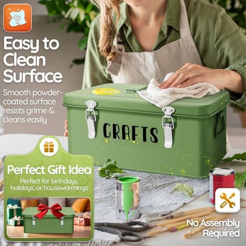 Flexzion Metal Storage Box w/ Lid & Labels, Craft Multipurpose Box, Green