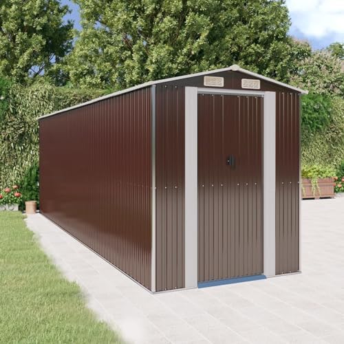 Gecheer Large Galvanized Steel Garden Shed, 6.3x2x7.3 ft Outdoor Storage House with Sliding Door & Vent, Dark Brown Metal Tool Shed for Lawn Mower, Pool Equipment, and Garden Tools