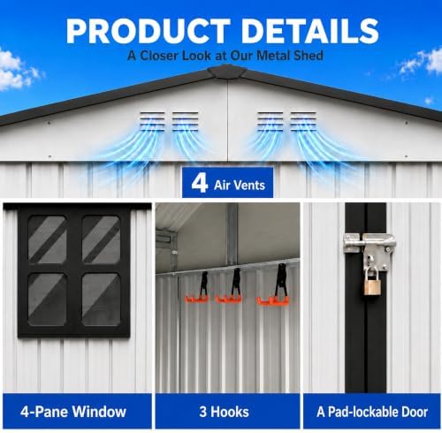 10x12 FT Outdoor Storage Shed, Large Metal Garden Shed with Window & Hinged Door, Upgraded Outside Tool Shed with Foldable Worktable & 2 Shelves, Waterproof Storage Building for Backyard, White+Black