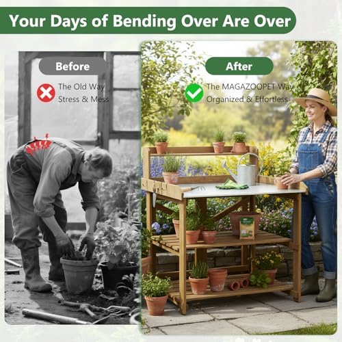 Garden Potting Bench Table Wooden Horticulture Outdoor Planting Work Bench with Metal Tabletop/Hooks/2 Large Open Shelf(34.8" LX 18" W X 46.6" H)