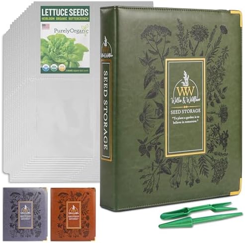 Willow and Wildflower Garden Seed Organizer Binder, Seed Storage Organizer, Garden Binder Book for Packet Storage Catalog Can Store 120 Packets with Dibber and Widger (Moss Green)