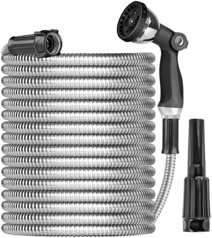 Metal Garden Hose 50ft Heavy Duty Stainless Steel Water Hose with Sprayer & Metal Fittings Flexible Lightweight Hose Puncture Proof Hose for Yard, Outdoors, Rv