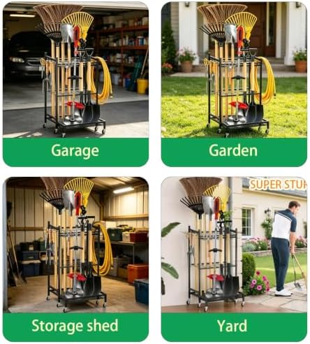 Garden Tool Organizer Rack with Wheels Up to 35 Tools | Heavy Duty Steel Yard Tool Organizer for Garage Storage with 11 Hooks, Broom Holder & Garden Tool Rack for Shed, Patio, Lawn, Outdoor, Black