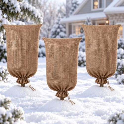 3 Pack 24” × 40” Burlap Winter Plant Cover Bags with Drawstring