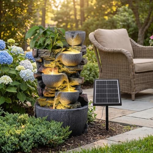 24'' Stacked Rock Solar Powered Water Fountain, Outdoor DIY Planter Pot Waterfall Fountain with LED Lights, Water Feature Landscape Decor for Garden, Patio, Backyard, Home Decoration