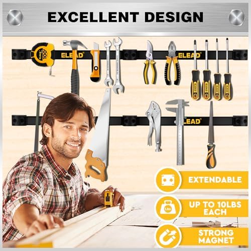 6-Piece 12" Magnetic Tool Holder Storage Organizer - Wall Mount Rack Garage Organization Power Magnet Hanger Workbench Board Slatwall Van Organizers Mounted Hanging Strip