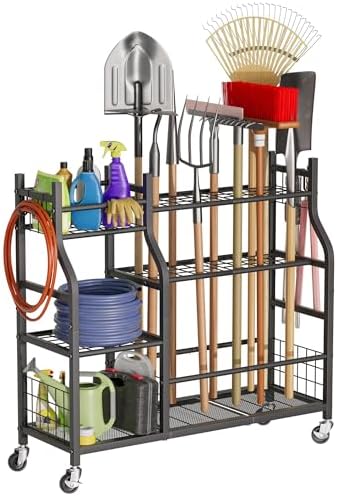 Garden Tool Organizer with Wheels for Garage and Shed, Spacious Tool Storage, Multi-Tier Design with Side Hooks for Rakes, Shovels, Brooms, and Yard Tools Rolling Cart
