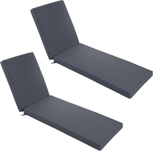 Chaise Lounge Cushions Outdoor Set of 2 - Waterproof and Fade Resistant Sun Lounger Replacement Cushions - Patio Lounger Pads with Removable Cover for Pool, Deck, 72 x 21 x 3 Inch, Dark Grey
