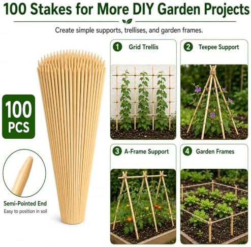 100 PCS 2FT Bamboo Plant Stakes, 6.3mm Thick Bamboo Stakes