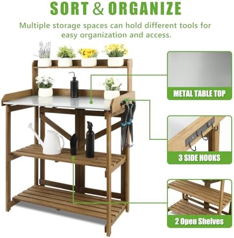 Garden Potting Benches & Tables,Outdoor Wooden Work Station W/Metal Table Top,Drawer,Large Bottom Shelf,Open Shelf Natural Wood-Natural Stained (B0CSYWG7GN)