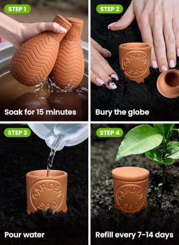 4 Pc Ollas Terracotta Watering Pots Large - 14 Oz Terracotta Self Watering Globes for 1-Week Easy to Refill - Clay Garden Olla Pots Plant Waterers While On Vacation Outdoor & Indoor [14oz Textured]
