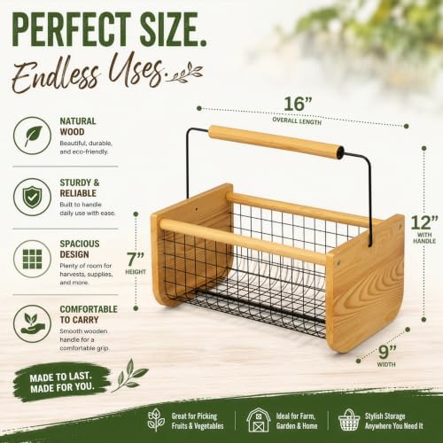 Vintage Harvest Basket Pine Wood & Metal Mesh Wire Design Wooden Frame with Straight Handle for Fruits Vegetables Kitchen Organization Decorative Storage Home Décor & Garden Display