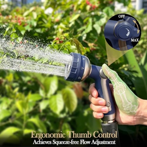 Heavy Duty Metal Garden Hose Nozzle, Beige Zinc Alloy Water Sprayer with 8 Spray Patterns, Thumb Flow Control and TPR Comfort Grip, 3/4 Inch Hose Connection for Lawn Care and Outdoor Cleaning