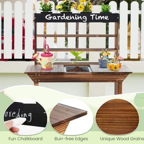 HONEY JOY Mud Kitchen, Fir Wood Kids Potting Bench Table, Removable Sink, 4 Planting Cups, Chalkboard, Outdoor Play Kitchen for Toddlers, Garden Time Mud Kitchen for Kids Outdoor Backyard