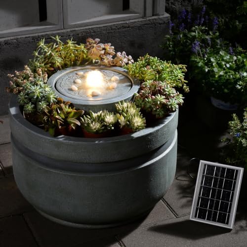 23.6" L Solar Outdoor Water Fountain Planter with LED Light,Garden Water Feature with Built-in Flower Pot for Patio Backyard Porch Decor