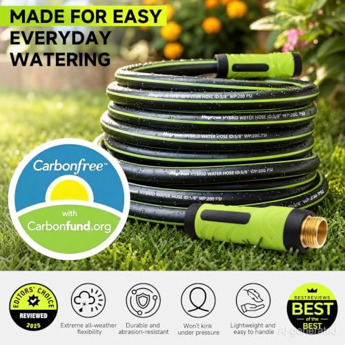Garden Hose 25ft, Non-Expandable Heavy Duty Water Hose with 10 Function Sprayer, Flexible, Leakproof, Kink Resistant & Hybrid Hose for Yard, Outdoor, 600 PSI