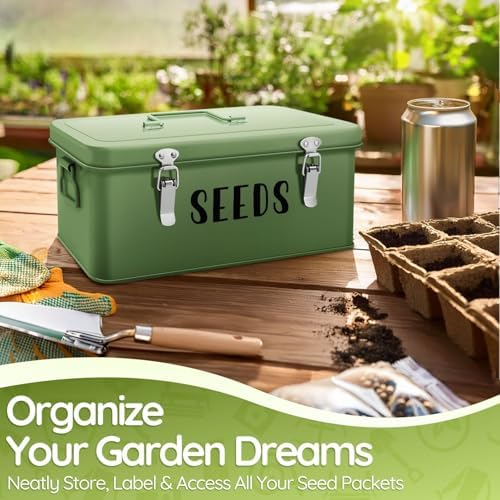Flexzion Seed Storage Organizer Box, Metal Seed Packet Organizer, Green