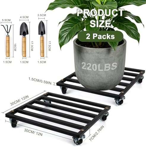 2 Pack Square Plant Caddy with Wheels 12 Inch Heavy Duty Metal Rolling Plant Stand Plant Saucer with Lockable 360° Casters, Planter Dolly Pot Mover Holds 220LBS,Includes 3pcs Garden Tool Set