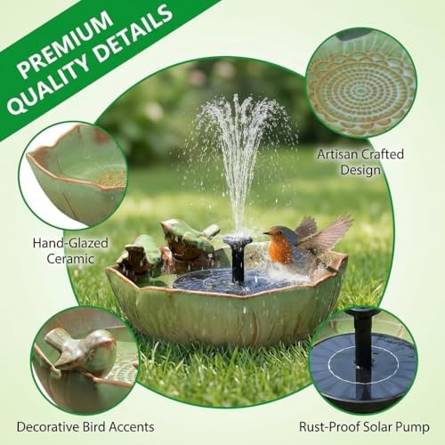 Large Ceramic Bird Bath Bowl with Solar Powered Fountain, Solar Bird Bath Fountain for Outdoors, Hummingbird Solar Water Fountain for Bird Bath, Tabletop Garden Bird Bath for Patio Yard Outdoor Décor