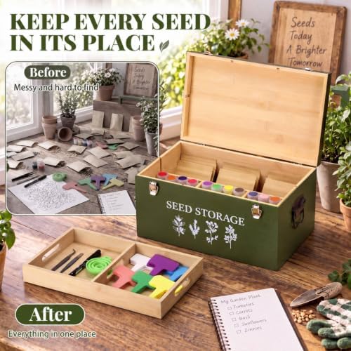 Wood Seed Storage Box Garden Seed Organizer with Removable Tray Saving Kit