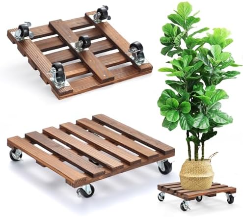2 Pack Plant Stand with Wheels, 12" Rolling Plant Stand 264 LBS Heavy Duty Wooden Square Plant Caddy with Metal 360° Lockable Caster Wheels for Outdoor Indoor Large Plant Pots, Flower Pot, Patio