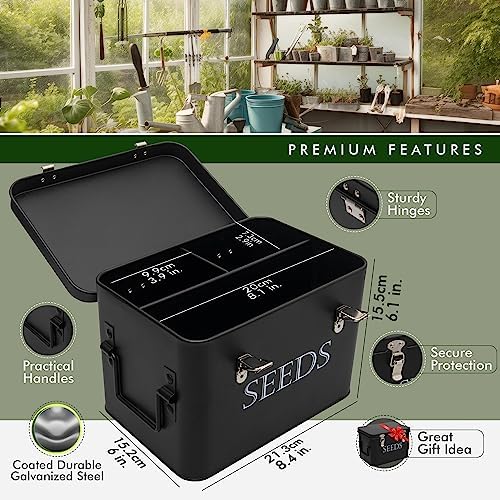 Garden Seed Storage Box with Dividers Seeds Packet Organizer Case for Gardening 3 Inner Slot Bird Plant or Vegetable Seed Container Saver Tin – Black Galvanized Metal with Envelopes & Labels