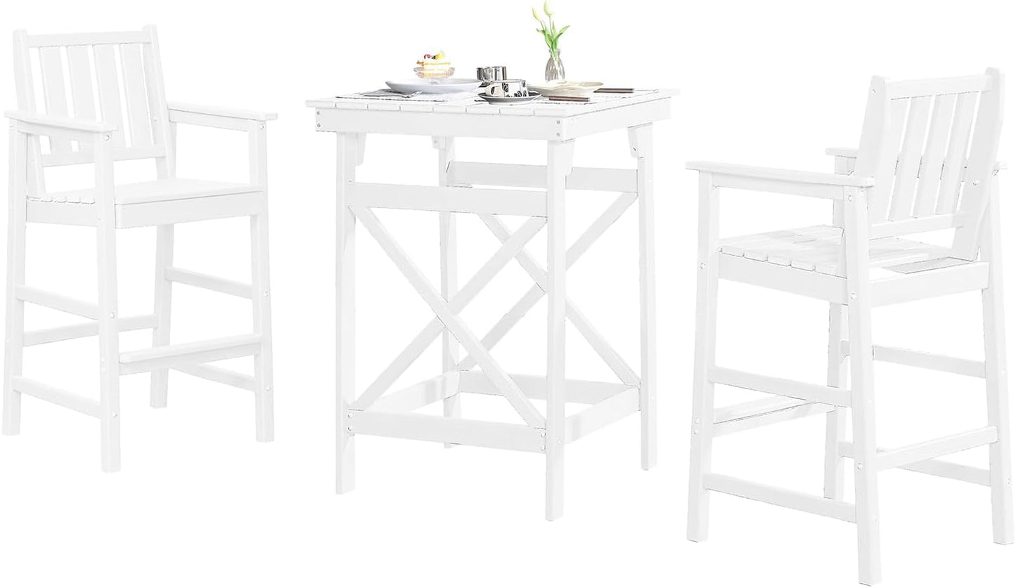 3-Piece Adirondack Chairs and Table Set, HDPE Patio Bar Sets, All Weather Outdoor Bar Stools Set, HDPE Adirondack Bar Height Chairs and Bar Table for Balcony, Porch, Garden, Pearl