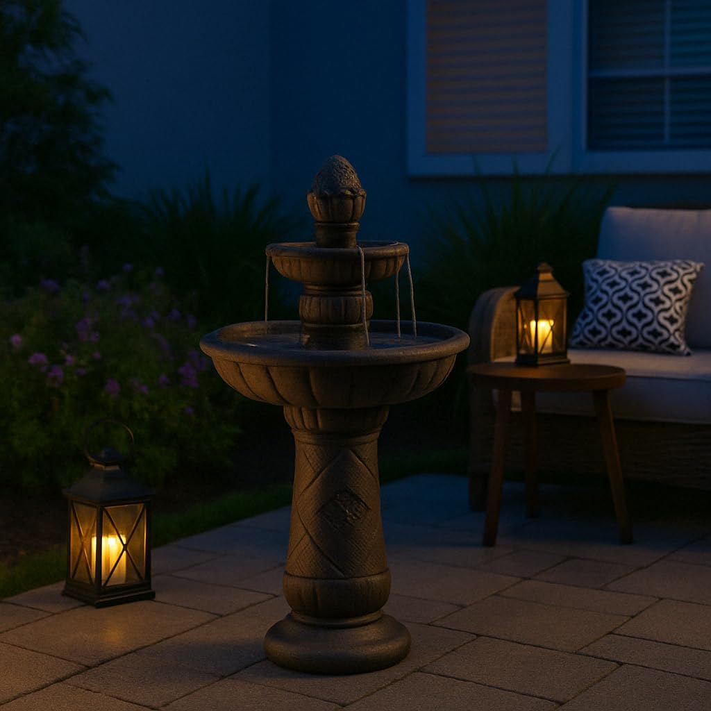 Teamson Home 39" Outdoor Water Fountain, 2 Tier Pineapple Pedestal Waterfall Fountain with Pump, Garden Patio Yard Décor, Durable Polyresin, Weatherproof, Iron Gray