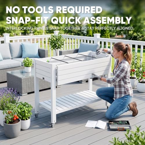 2 Outdoor Patio Raised Garden Bed Elevated Planter Box Resin Plant Stand Gardening with Storage Shelf Legs Wheels Drainage Water Gauge,White