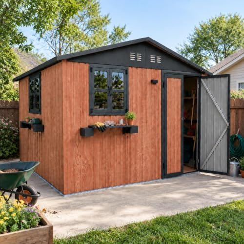 10x8 FT Outdoor Storage Shed with 2 Openable Windows, Wood-Grain Metal Garden Shed with Flower Racks & Baskets, Outside Tool Shed with Lockable Doors, Waterproof Storage Building for Backyard, Cedar