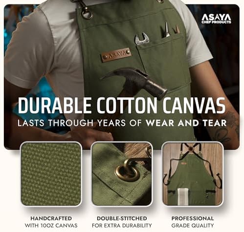 Asaya Chef and BBQ Apron with Bottle Opener and Hand Towel - 10oz Cotton Canvas, Stainless Steel Hardware - Cross Back Straps