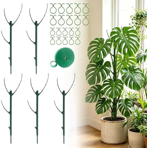 5-Pack Monstera Plant Support Stakes, 11 Inch Stackable Plant Stakes for Indoor Plants with Twist Clips and Plant Ties, Great for Climbing Potted Plants, Indoor & Outdoor Garden Stake Set