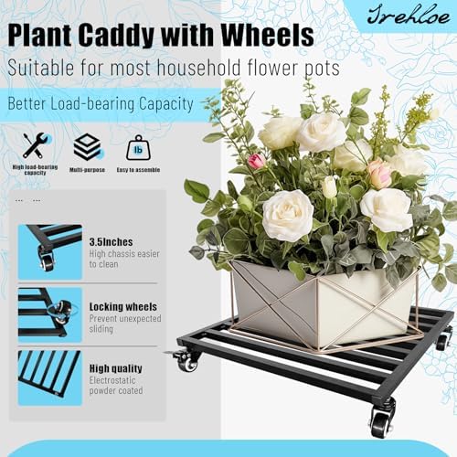 2PCS 18 Inch Plant Caddy with Wheels Lockable Heavy Duty Trolley Large Metal Square Plant Dolly Plant Roller Base Potted Stand Suitable for Indoor Outdoor Plant Pots Black